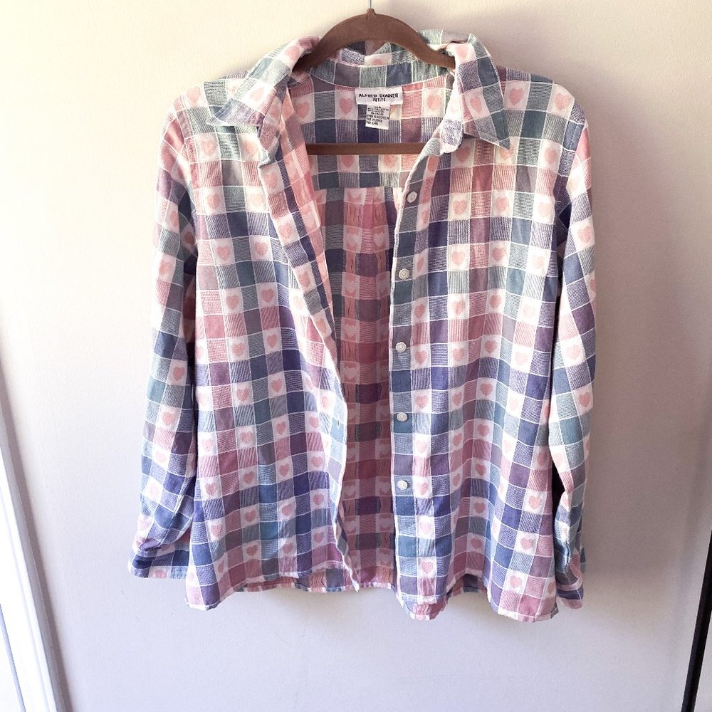 Vintage Alfred Dunner Petite Pastel Heart Plaid Button Down
